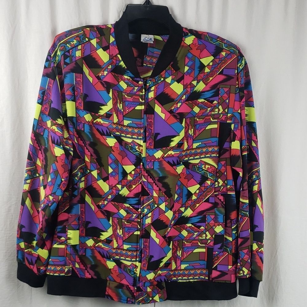 Vintage Arielle Women's Large 90s Abstract Multicolor Geometric Bomber Jacket